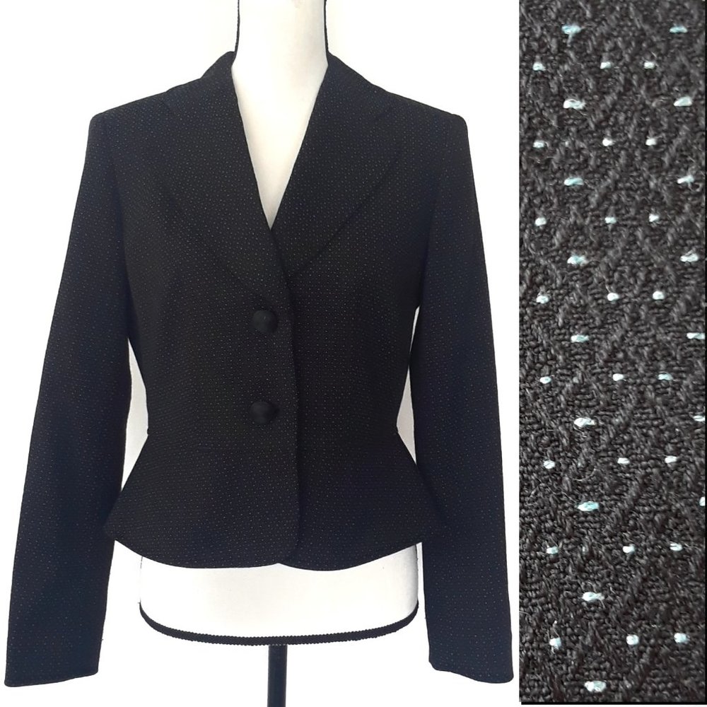 Jones NY Black Dotted Fitted Peplum Hem Button Down Suit Jacket Size 6